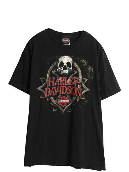 ハーレー ダビッドソン 両面 プリント Tシャツ メンズ L オフィシャル バイク スカル イラスト アート グラフィック ドクロ カットソー 黒