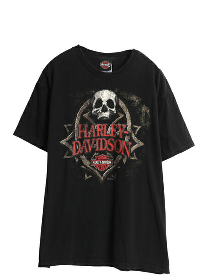 ハーレー ダビッドソン 両面 プリント Tシャツ メンズ L オフィシャル バイク スカル イラスト アート グラフィック ドクロ カットソー 黒