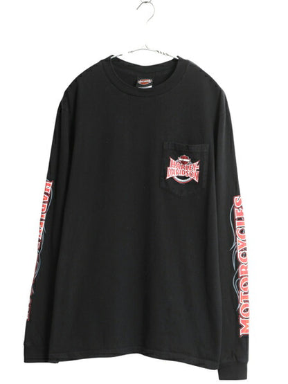 ハーレー ダビットソン 4面 プリント ポケット付き 長袖 Tシャツ メンズ L / バイク ロゴ ファイヤー イラスト オフィシャル ロンT 全面 黒