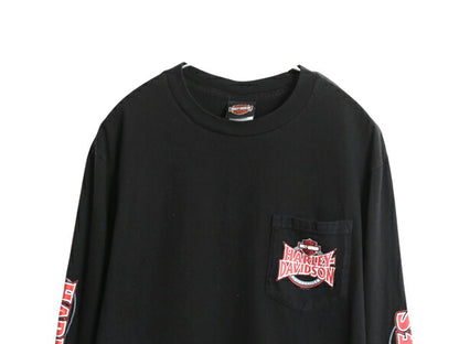 ハーレー ダビットソン 4面 プリント ポケット付き 長袖 Tシャツ メンズ L / バイク ロゴ ファイヤー イラスト オフィシャル ロンT 全面 黒