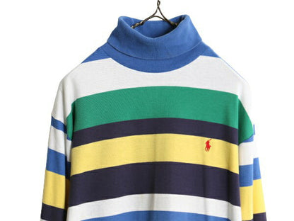 90s USA製 ポロ ラルフローレン タートルネック ボーダー 長袖 Tシャツ メンズ L / オールド スムース 素材 ヘビーウェイト ワンポイント