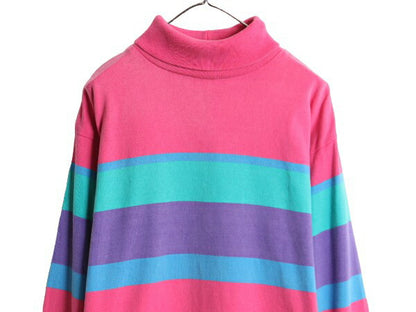 80s USA製 エルエルビーン タートルネック ボーダー 長袖 Tシャツ レディース L / ヴィンテージ LLBEAN ラガーシャツ 素材 ヘビーウェイト