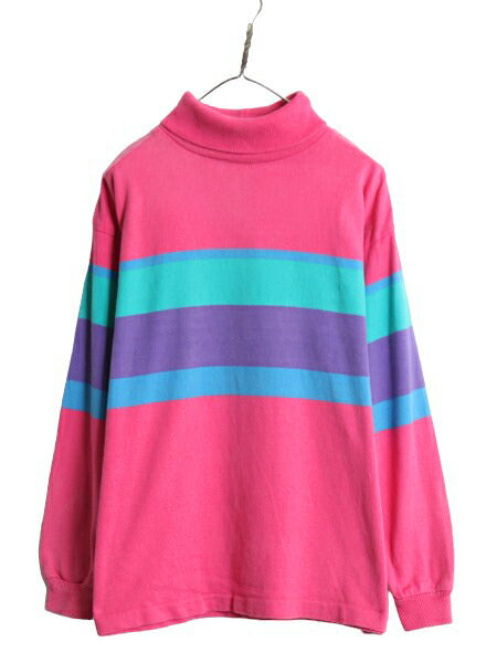 80s USA製 エルエルビーン タートルネック ボーダー 長袖 Tシャツ レディース L / ヴィンテージ LLBEAN ラガーシャツ 素材 ヘビーウェイト