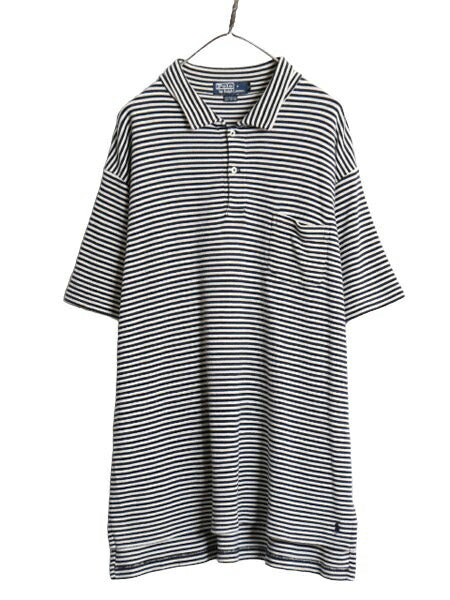 90s ポロ ラルフローレン ボーダー 鹿の子 半袖 ポロシャツ メンズ XXL / 古着 オールド 半袖シャツ コットン 大きいサイズ 2トーン 黒 白