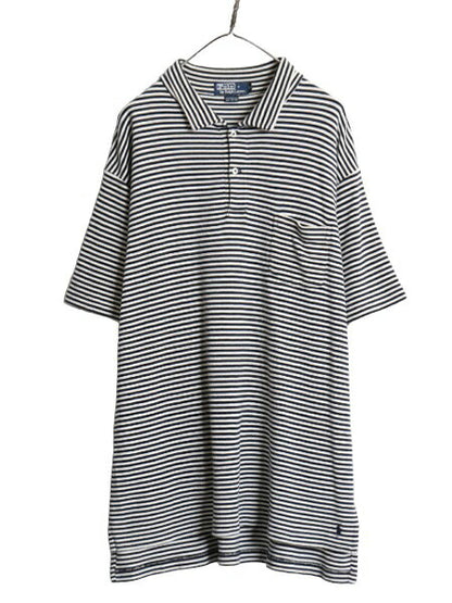 90s ポロ ラルフローレン ボーダー 鹿の子 半袖 ポロシャツ メンズ XXL / 古着 オールド 半袖シャツ コットン 大きいサイズ 2トーン 黒 白