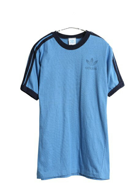 70s アディダス 3ライン トレフォイル プリント 半袖 リンガー Tシャツ メンズ M 小さめ S 程 ヴィンテージ ワンポイント シングルステッチ