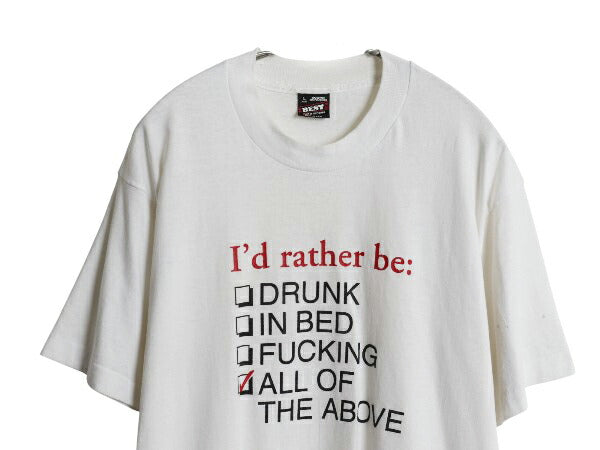 90s USA製 ジョーク メッセージ プリント Tシャツ メンズ L 古着 オールド シングルステッチ カットソー シンプル フルーツオブザルーム 白