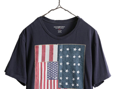 ビンテージ 加工 星条旗 ■ デニム&サプライ ラルフローレン 半袖 Tシャツ メンズ XL / 古着 POLO DENIM&SUPPLY ポロ シングルステッチ 紺