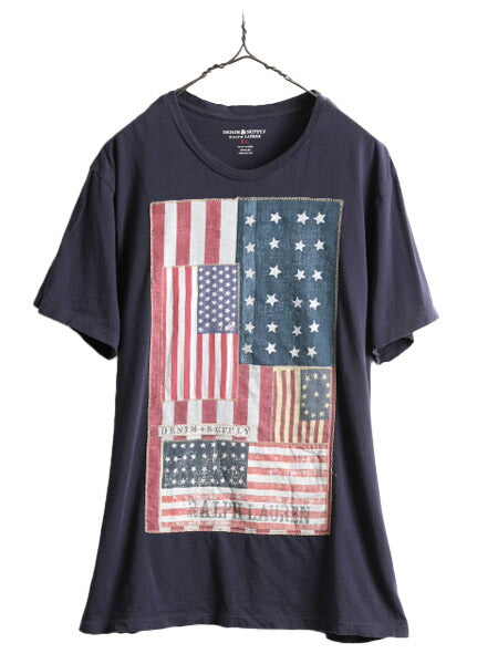 ビンテージ 加工 星条旗 ■ デニム&サプライ ラルフローレン 半袖 Tシャツ メンズ XL / 古着 POLO DENIM&SUPPLY ポロ シングルステッチ 紺