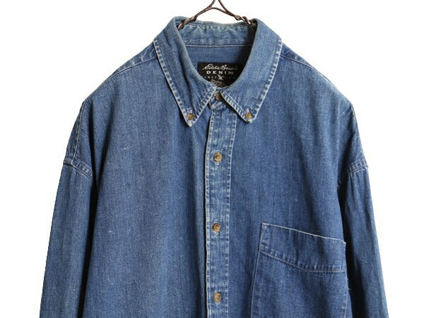 90s エディーバウアー 3点留め ボタンダウン 長袖 デニム シャツ メンズ L / オールド Eddie Bauer アウトドア 長袖シャツ ヘビーウェイト