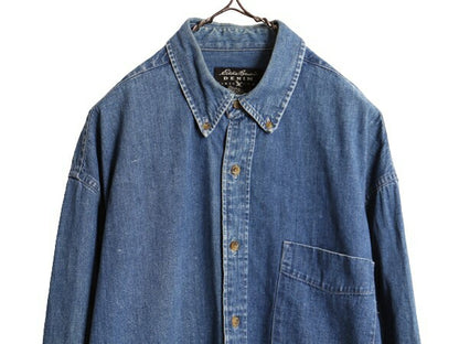 90s エディーバウアー 3点留め ボタンダウン 長袖 デニム シャツ メンズ L / オールド Eddie Bauer アウトドア 長袖シャツ ヘビーウェイト