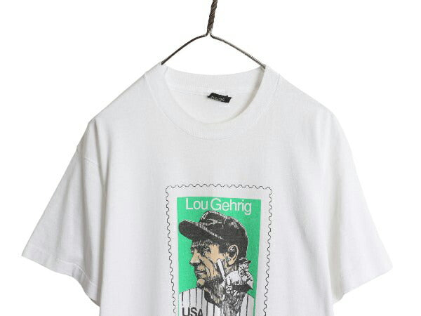 80s USA製 ルー ゲーリック 切手 イラスト プリント Tシャツ メンズ XL 小さめ L ヴィンテージ ヤンキース シングルステッチ 大きいサイズ