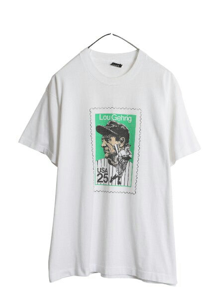 80s USA製 ルー ゲーリック 切手 イラスト プリント Tシャツ メンズ XL 小さめ L ヴィンテージ ヤンキース シングルステッチ 大きいサイズ