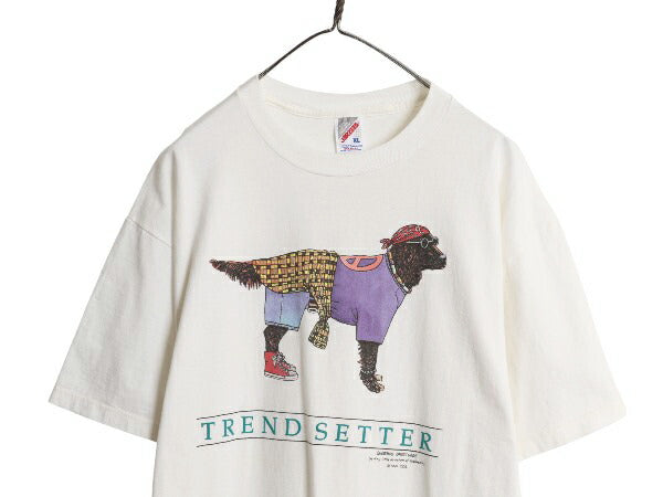 90s USA製 ドッグ アート イラスト プリント Tシャツ メンズ レディース XL / 90年代 オールド 犬 アニマル 大きいサイズ グラフィック 白