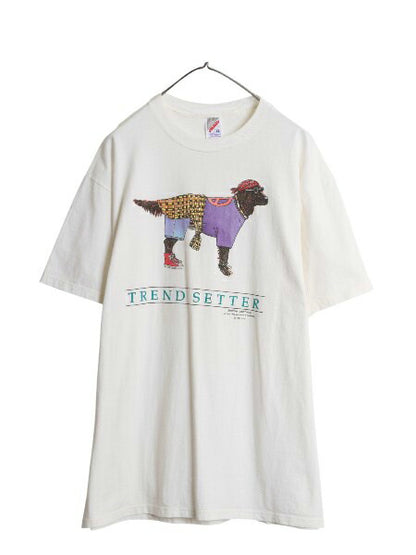 90s USA製 ドッグ アート イラスト プリント Tシャツ メンズ レディース XL / 90年代 オールド 犬 アニマル 大きいサイズ グラフィック 白