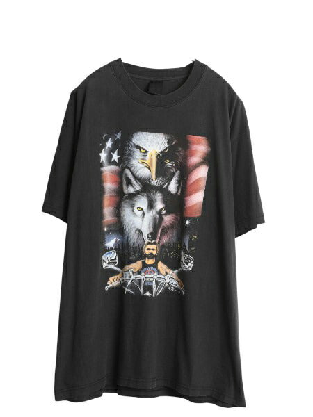 90s ハーレー ダビッドソン 両面 プリント 半袖 Tシャツ メンズ XL 程/ オールド イーグル ウルフ バイク アート イラスト 大きいサイズ 黒
