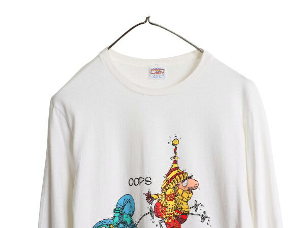 90s USA製 スキーヤー ジョーク イラスト プリント 長袖 Tシャツ メンズ レディース M 古着 オールド スキー キャラクター アート ロンT 白