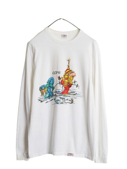 90s USA製 スキーヤー ジョーク イラスト プリント 長袖 Tシャツ メンズ レディース M 古着 オールド スキー キャラクター アート ロンT 白