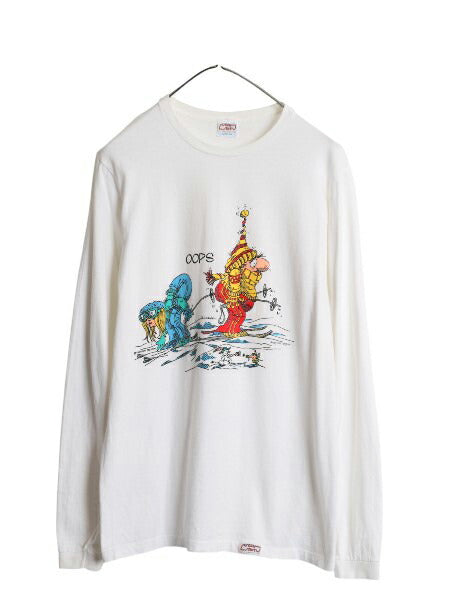 90s USA製 スキーヤー ジョーク イラスト プリント 長袖 Tシャツ メンズ レディース M 古着 オールド スキー キャラクター アート ロンT 白