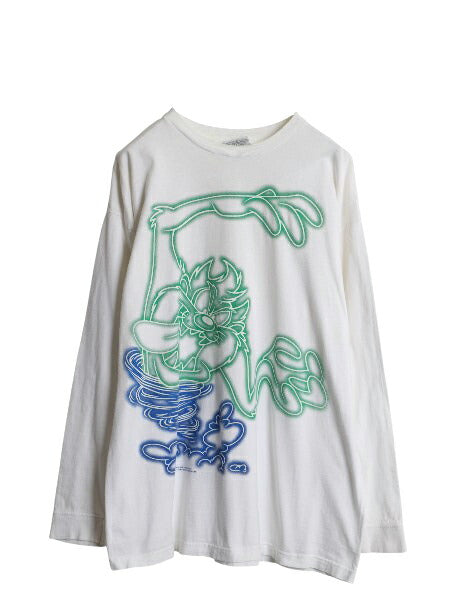 90s ワーナー タズマニアンデビル プリント 長袖 Tシャツ メンズ レディース L / オールド オフィシャル キャラクター イラスト ロンT 白
