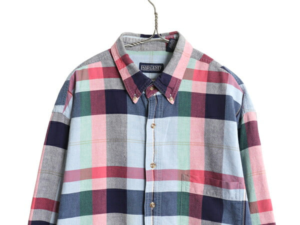 90s ランズエンド チェック 長袖 ボタンダウン シャツ メンズ XL オールド 長袖シャツ オックスフォード  コットン ゆったり 大きいサイズ