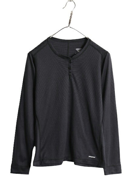 00s 05年製 USA製 パタゴニア キャプリーン ヘンリーネック 長袖 Tシャツ レディース M オールド Patagonia ストレッチ インナー ブラック