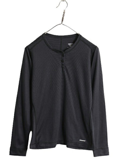 00s 05年製 USA製 パタゴニア キャプリーン ヘンリーネック 長袖 Tシャツ レディース M オールド Patagonia ストレッチ インナー ブラック