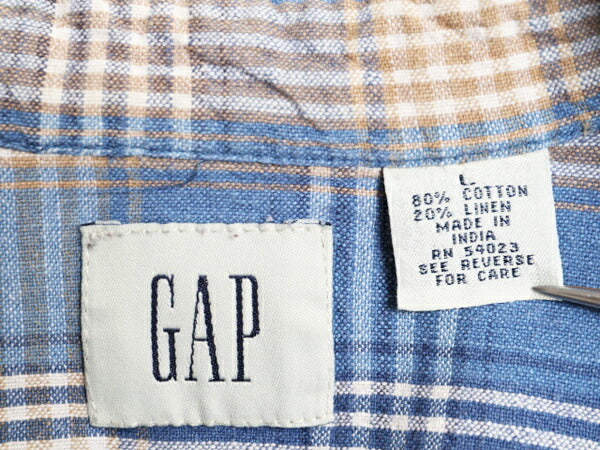 00s OLD GAP チェック 長袖 シャツ メンズ L 00年代 オールド ギャップ コットン リネン 麻 ポケット付き 長袖シャツ マルチカラー 旧タグ