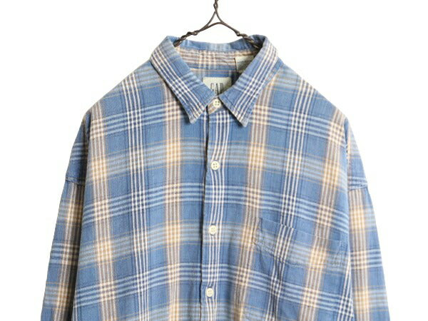 00s OLD GAP チェック 長袖 シャツ メンズ L 00年代 オールド ギャップ コットン リネン 麻 ポケット付き 長袖シャツ マルチカラー 旧タグ
