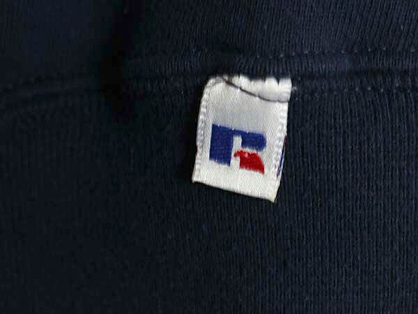 90s USA製 ラッセル 2段 ロゴ パッチ 刺繍 スウェット メンズ レディース L / 古着 オールド トレーナー 裏起毛 前V クルーネック ネイビー