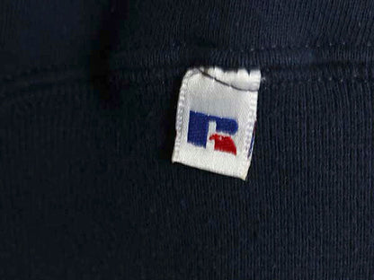 90s USA製 ラッセル 2段 ロゴ パッチ 刺繍 スウェット メンズ レディース L / 古着 オールド トレーナー 裏起毛 前V クルーネック ネイビー