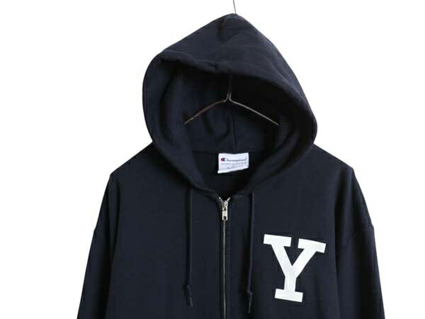 チャンピオン YALE カレッジ 両面 プリント フルジップ スウェット フード パーカー メンズ L 古着 トレーナー 裏起毛 イエール ネイビー