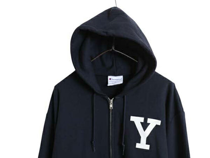 チャンピオン YALE カレッジ 両面 プリント フルジップ スウェット フード パーカー メンズ L 古着 トレーナー 裏起毛 イエール ネイビー