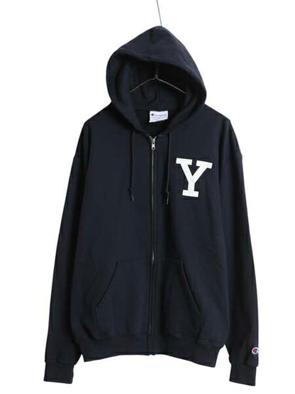 チャンピオン YALE カレッジ 両面 プリント フルジップ スウェット フード パーカー メンズ L 古着 トレーナー 裏起毛 イエール ネイビー