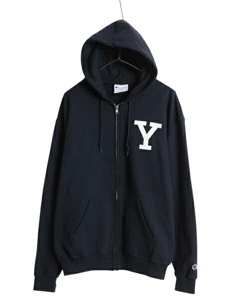 チャンピオン YALE カレッジ 両面 プリント フルジップ スウェット フード パーカー メンズ L 古着 トレーナー 裏起毛 イエール ネイビー