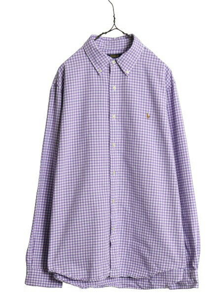 ポロ ラルフローレン ギンガム チェック オックスフォード 長袖 ボタンダウン シャツ メンズ XL / 長袖シャツ ワンポイント 大きいサイズ