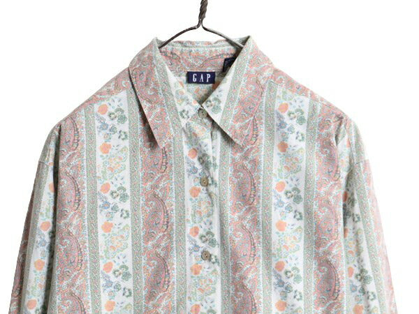90s OLD GAP 花柄 長袖 シャツ レディース M オールド ギャップ 旧タグ ブラウス コットン フラワー 総柄 ペイズリー マルチカラー 90年代