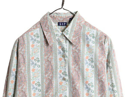90s OLD GAP 花柄 長袖 シャツ レディース M オールド ギャップ 旧タグ ブラウス コットン フラワー 総柄 ペイズリー マルチカラー 90年代