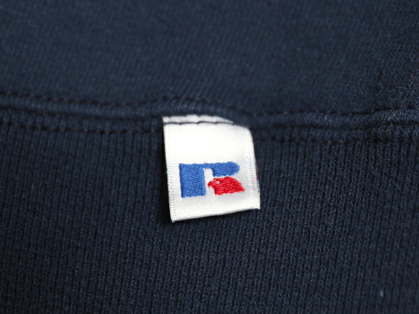 90s USA製 ラッセル ワンポイント ドッグ 刺繍 スウェット メンズ レディース L オールド トレーナー 前V 裏起毛 キャラクター シンプル 紺