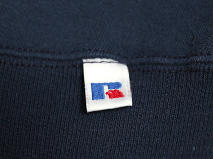 90s USA製 ラッセル ワンポイント ドッグ 刺繍 スウェット メンズ レディース L オールド トレーナー 前V 裏起毛 キャラクター シンプル 紺