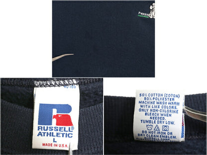90s USA製 ラッセル ワンポイント ドッグ 刺繍 スウェット メンズ レディース L オールド トレーナー 前V 裏起毛 キャラクター シンプル 紺
