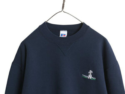 90s USA製 ラッセル ワンポイント ドッグ 刺繍 スウェット メンズ レディース L オールド トレーナー 前V 裏起毛 キャラクター シンプル 紺