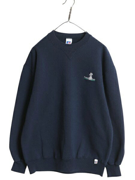 90s USA製 ラッセル ワンポイント ドッグ 刺繍 スウェット メンズ レディース L オールド トレーナー 前V 裏起毛 キャラクター シンプル 紺