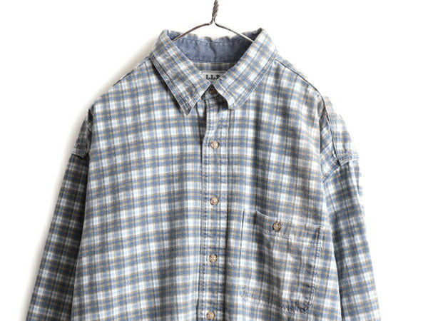 90s ■ エルエルビーン チェック 長袖 シャツ ( メンズ L ) 古着 LLBEAN 90年代 オールド LLビーン コットン 長袖シャツ ポケット付き 総柄