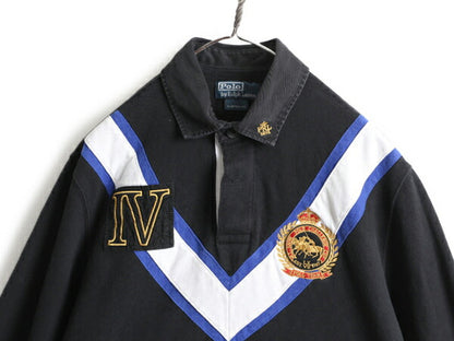 ダブルポニー ■ ポロ ラルフローレン スウェット 長袖 ラガーシャツ メンズ L 古着 POLO 裏起毛 トレーナー ラグビー カスタムフィット 黒