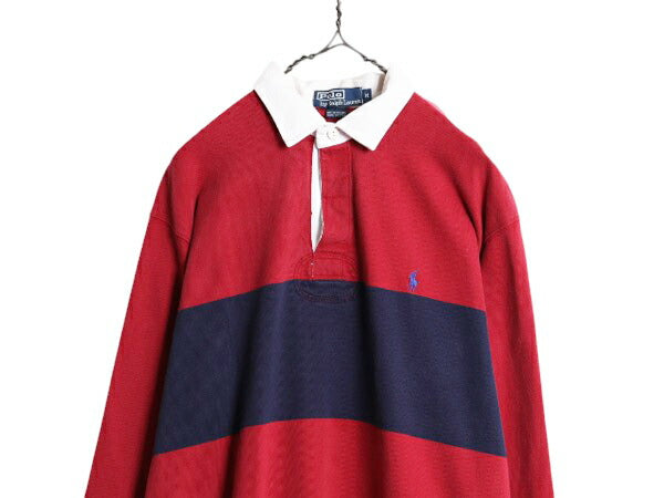 90s ポロ ラルフローレン ボーダー 長袖 ラガー シャツ メンズ M 古着 90年代 オールド ラグビーシャツ 長袖シャツ ワンポイント ツートン