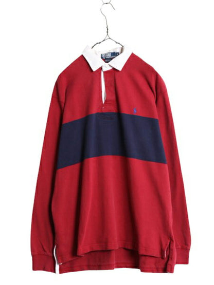 90s ポロ ラルフローレン ボーダー 長袖 ラガー シャツ メンズ M 古着 90年代 オールド ラグビーシャツ 長袖シャツ ワンポイント ツートン