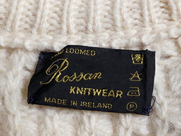 手編み アイルランド製 Rossan フィッシャーマン ウール ハンドニット セーター メンズ L 程/ アラン ニット ケーブル ハンドメイド 生成り