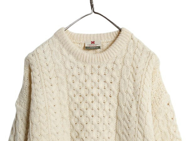 アイルランド製 Carraig Donn フィッシャーマン ウール ニット セーター メンズ レディース M 古着 アラン ケーブル ローゲージ ナチュラル
