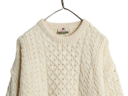 アイルランド製 Carraig Donn フィッシャーマン ウール ニット セーター メンズ レディース M 古着 アラン ケーブル ローゲージ ナチュラル